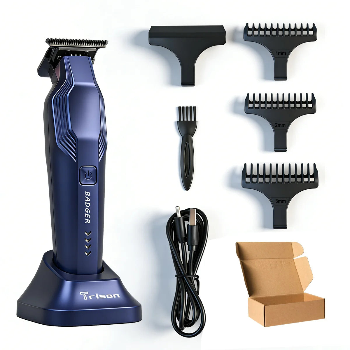 A blue Bader hair trimmer set including the main unit, various precision blades, and a box.