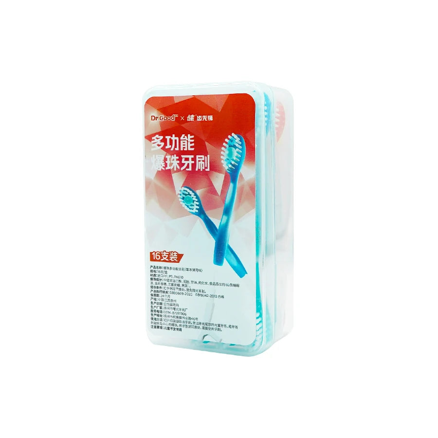 A clear plastic container holding a 5-in-1 portable dental floss toothbrush set with blue handles.