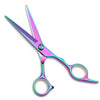 A pair of professional 6-inch stainless steel hairdressing scissors with iridescent pink and purple blades.