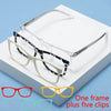 A white box displays a pair of black and white eyeglasses with five metal clips.