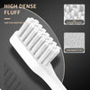 A white high-dense fluff toothbrush is shown on a dark background with informational graphics detailing its features.