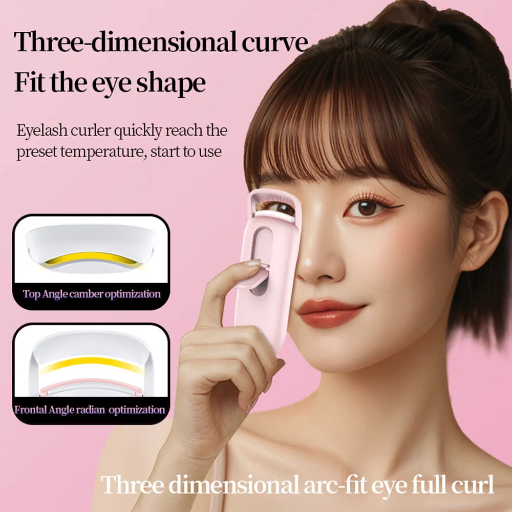 A woman is using a pink heated eyelash curler to achieve a three-dimensional arc-fit eye curl.