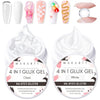 A collection of clear and white 4-in-1 glueless nail gel products for extensions and building gel art.