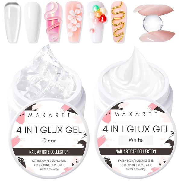 A collection of clear and white 4-in-1 glueless nail gel products for extensions and building gel art.
