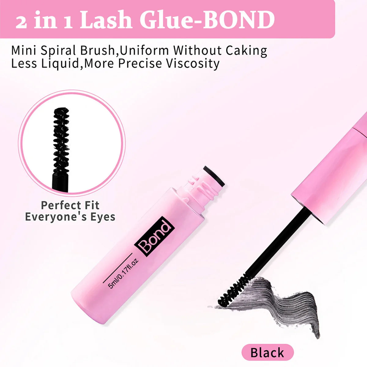 Kit de colle pour cils rose avec une mini brosse en spirale et un applicateur de colle pour cils noir.
