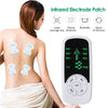 An infrared electrode patch device is shown next to a woman applying the pads to her back.