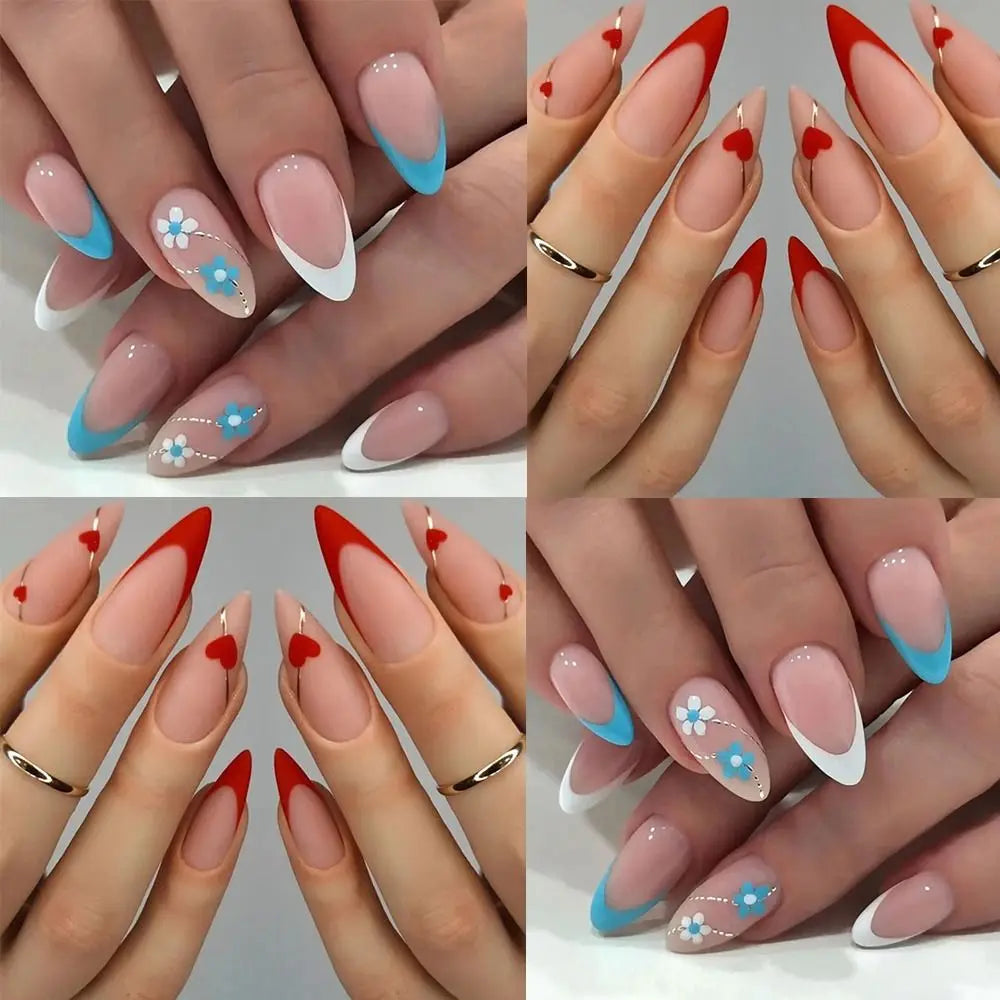 A collection of press-on false nails featuring a French wavy design with white, nude, and light blue accents.