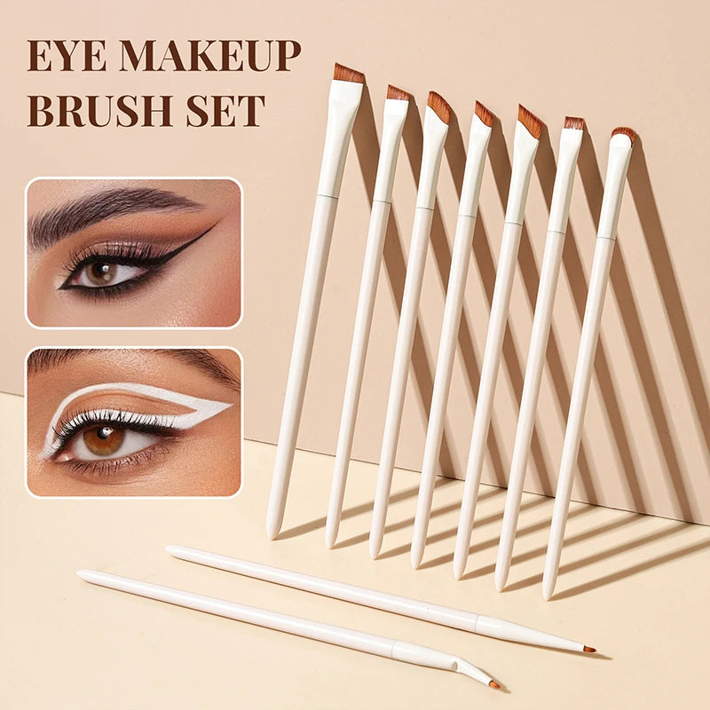 A set of precision angled eyeliner and eyebrow makeup brushes displayed on a light background.