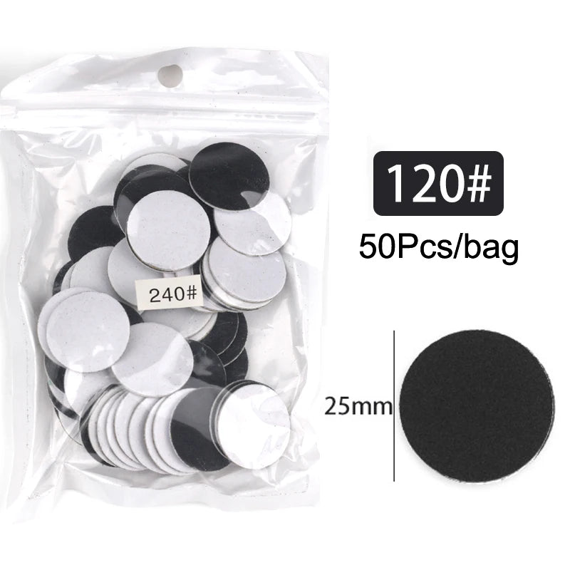 Sac plastique transparent contenant 50 disques de papier de verre noirs et blancs interchangeables, avec une mesure de 25 mm 