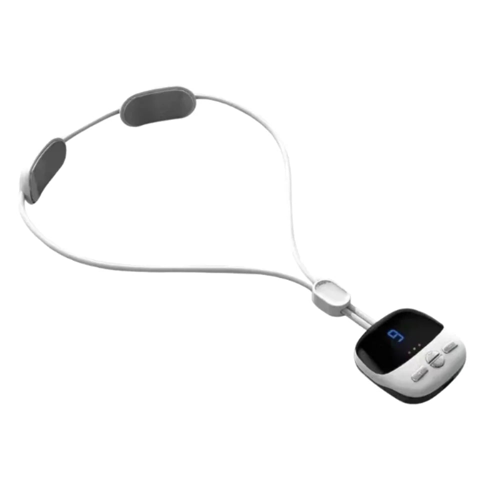 A white multi-mode wireless cervical spine massager with a flexible strap and a handheld device.