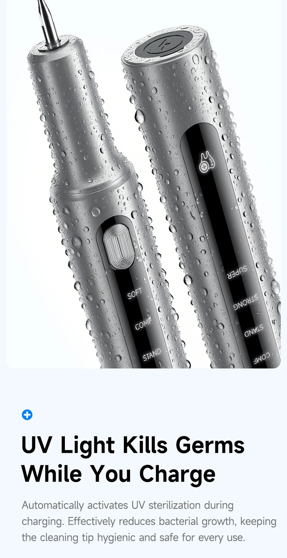 A silver ultrasonic electric dental cleaner device with a cleaning tip is shown against a white background.