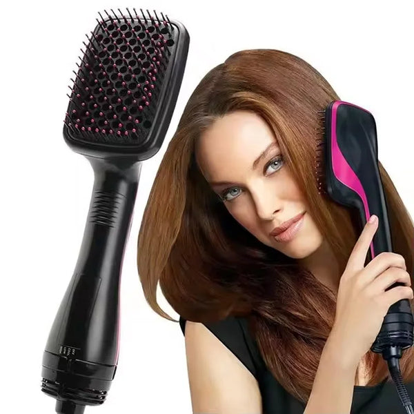 A woman is using a black hair straightener and brush on her brown hair.