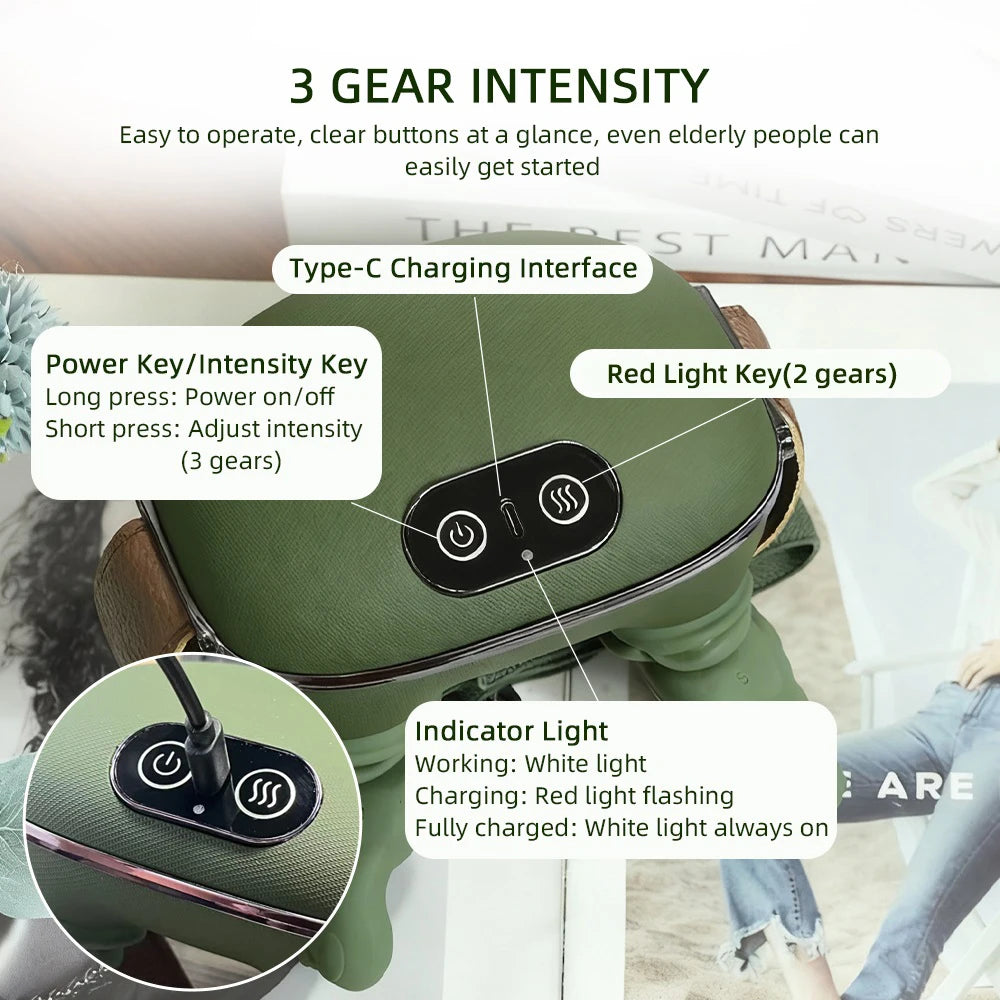 A green professional wireless neck and shoulder massager with a charging interface and light indicators.
