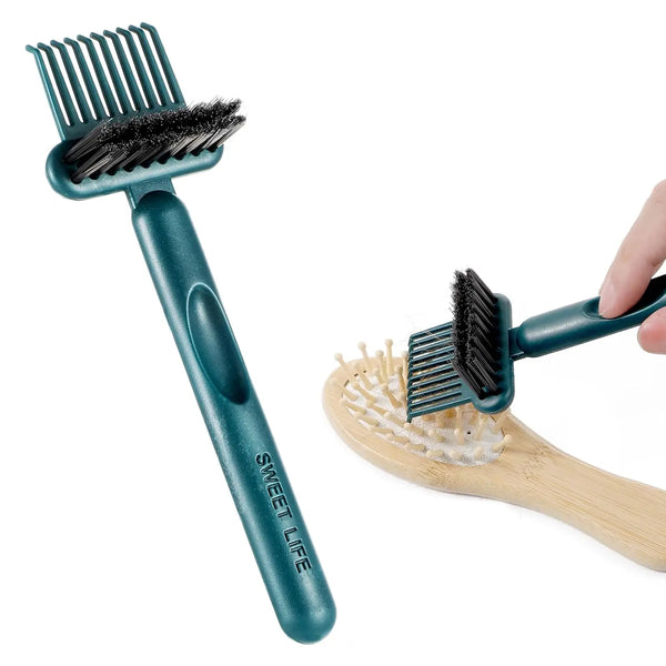A teal hair brush and cleaning comb with black bristles is shown next to a wooden brush.