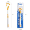 White silicone tongue brush with a blue handle and packaging for oral hygiene