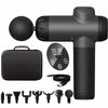 A black deep tissue massage gun with a battery, various massage heads, and charging cable.