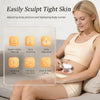 A woman is using an EMS fat cellulite massager device on her abdomen while relaxing.