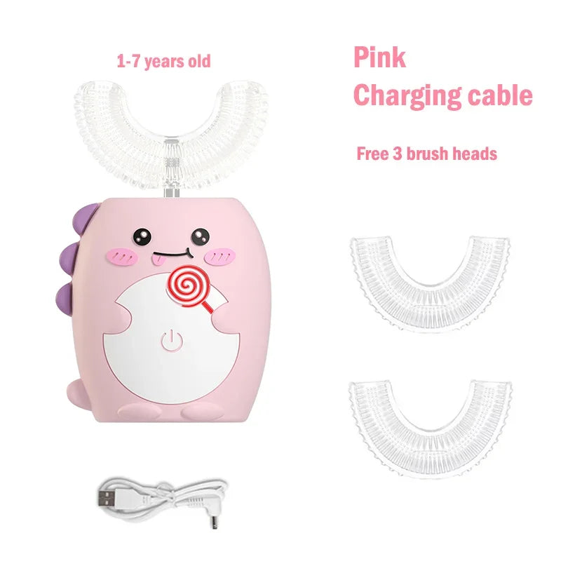 Pink charging cable and brush heads for a kids sonic electric toothbrush.