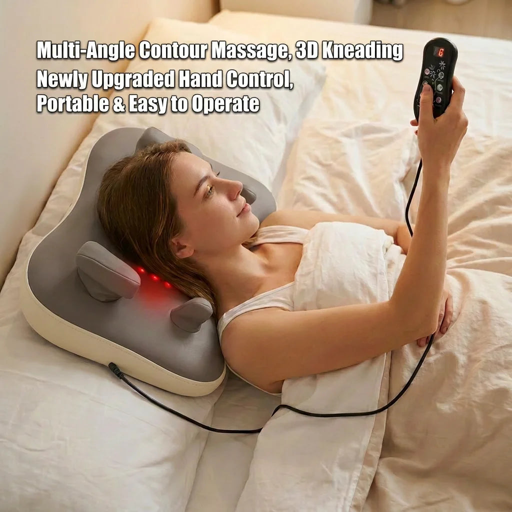 A woman is using a multi-angle contour massage device on her neck while lying in bed.