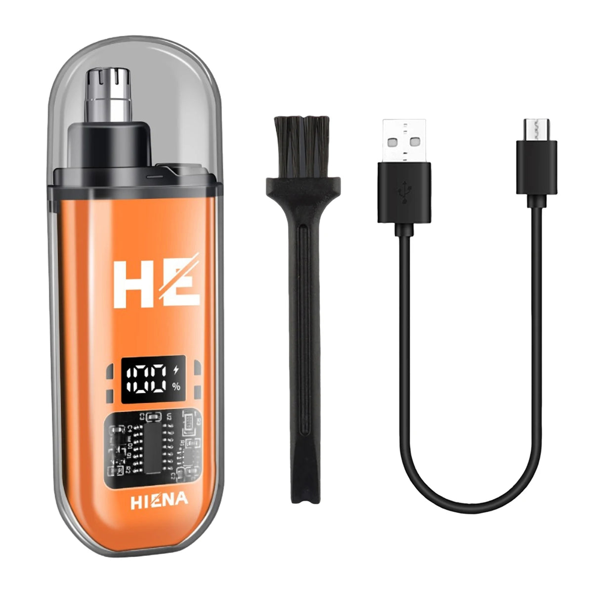 Orange and black professional cordless hair clipper set with charging cable and brush head