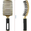 A gold-colored nylon bristle detangling comb for wet hair shown with dimensions.