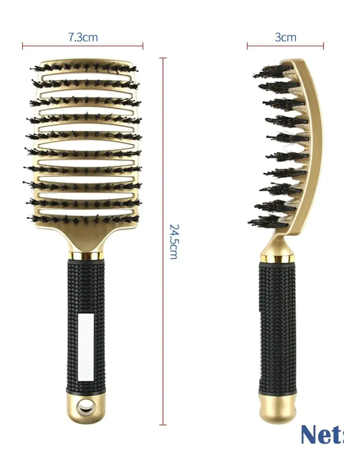 A gold-colored nylon bristle detangling comb for wet hair shown with dimensions.