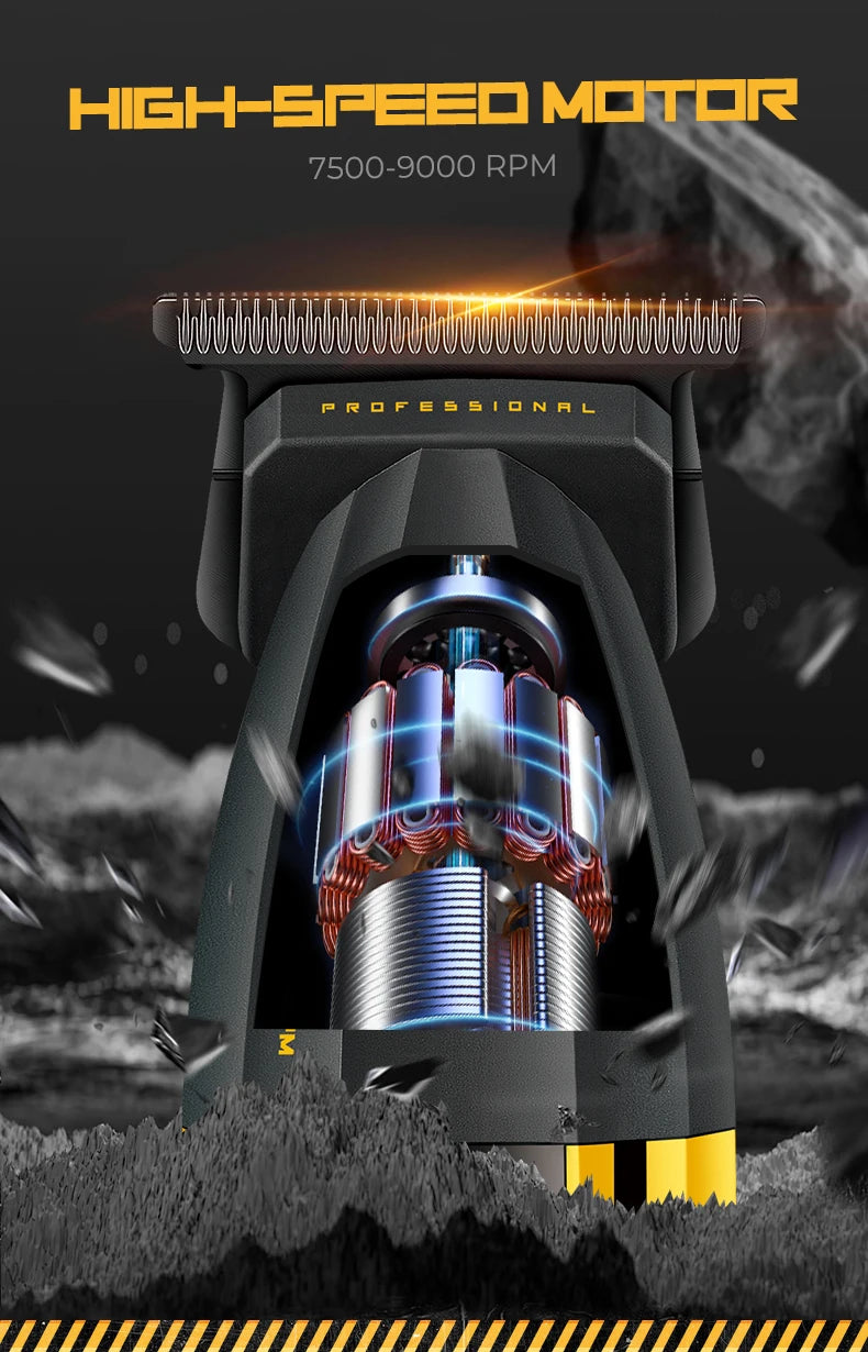 Close-up view of a professional electric hair clipper motor with high-speed operation visible inside the housing.