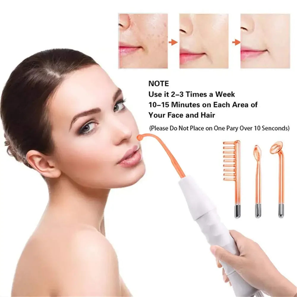 A woman is using a handheld high-frequency electrotherapy wand for facial and hair treatments.