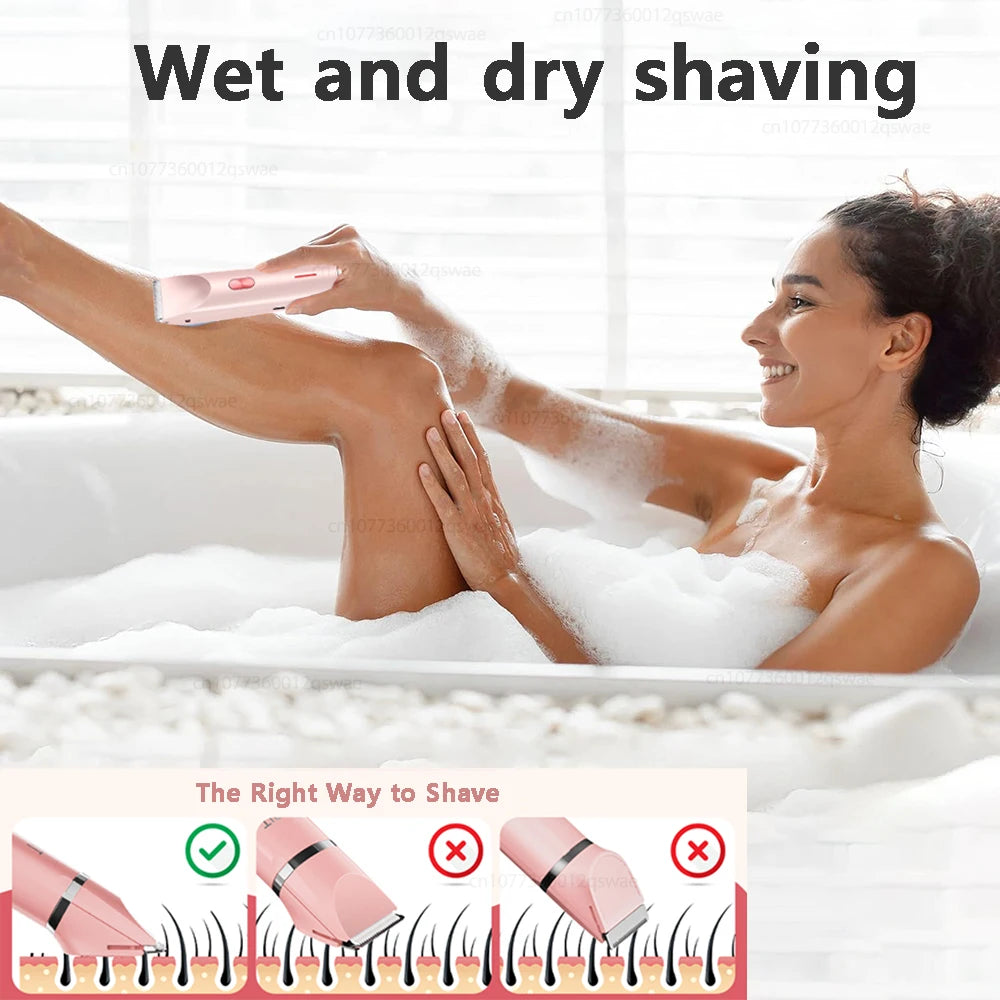 A woman is using a pink wet and dry shaving device on her leg in a bathtub, demonstrating the right way to shave.