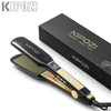 A black KIPOZI professional titanium flat iron hair straightener with a gold accent is shown next to its packaging box.