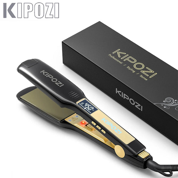 A black KIPOZI professional titanium flat iron hair straightener with a gold accent is shown next to its packaging box.