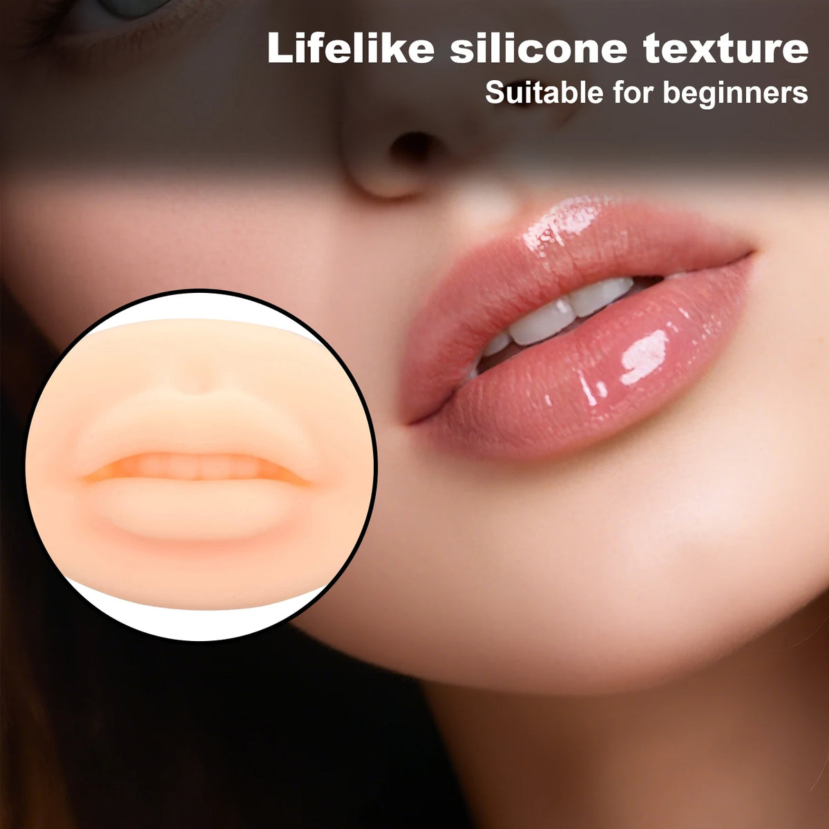 Close-up of a woman's lips showing the lifelike silicone texture suitable for beginners