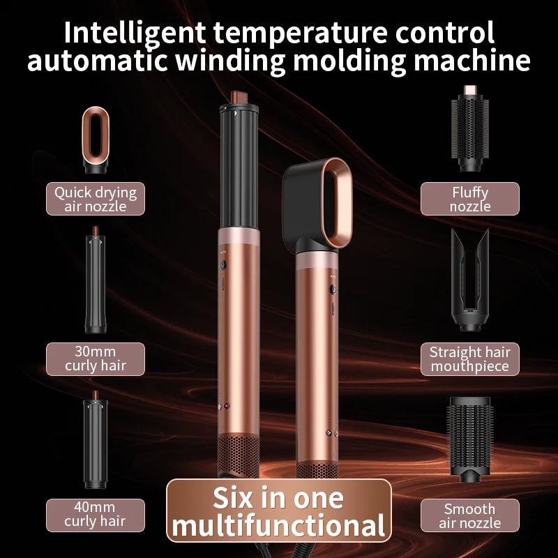A set of six in one multifunctional intelligent temperature control automatic winding molding hair tools in rose gold and bla