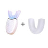 A white electric toothbrush head and a clear silicone brush attachment are shown next to each other.