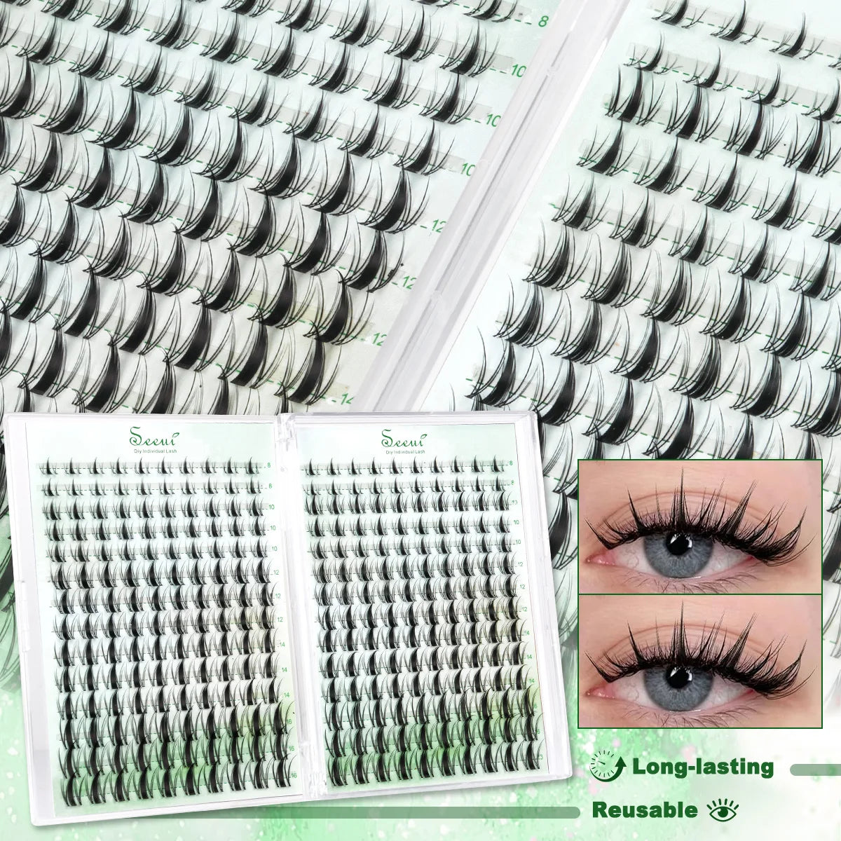 A set of DIY eyelash clusters for natural look extensions featuring black and white lashes.
