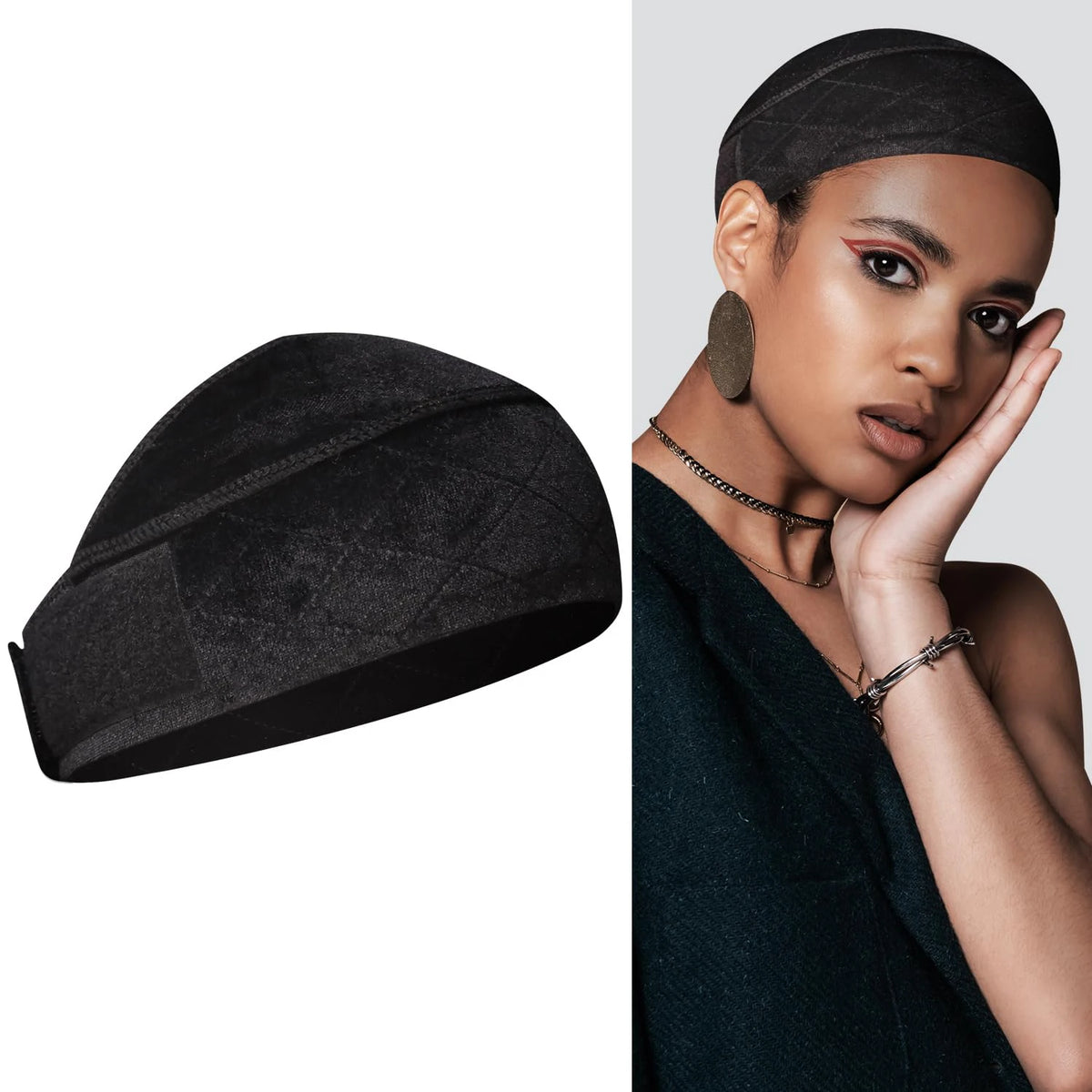 Mannequin portant une perruque en velours noir avec une bande de maintien pour les fronts en dentelle, gros plan.