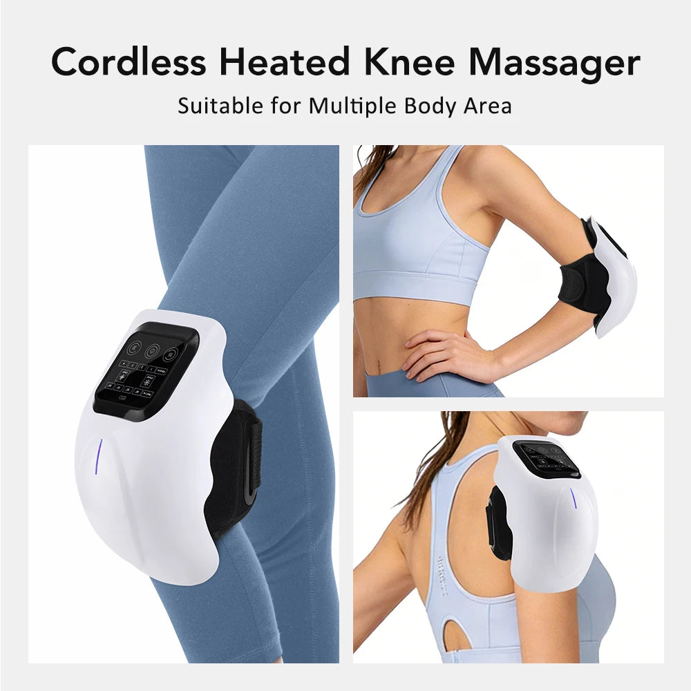 A white cordless heated knee massager device shown being used on a person's leg.