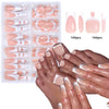 A collection of 144 pink glossy press-on nails for hands and toes displayed next to a pair of manicured hands.