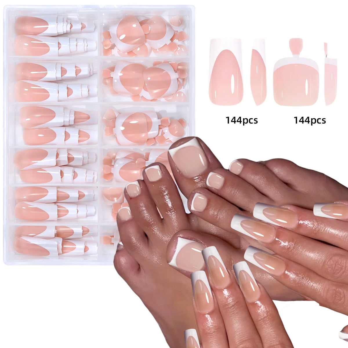 A collection of 144 pink glossy press-on nails for hands and toes displayed next to a pair of manicured hands.
