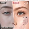 A close-up of a pink electric heated eyelash curler device and before and after images demonstrating its use for long-lasting
