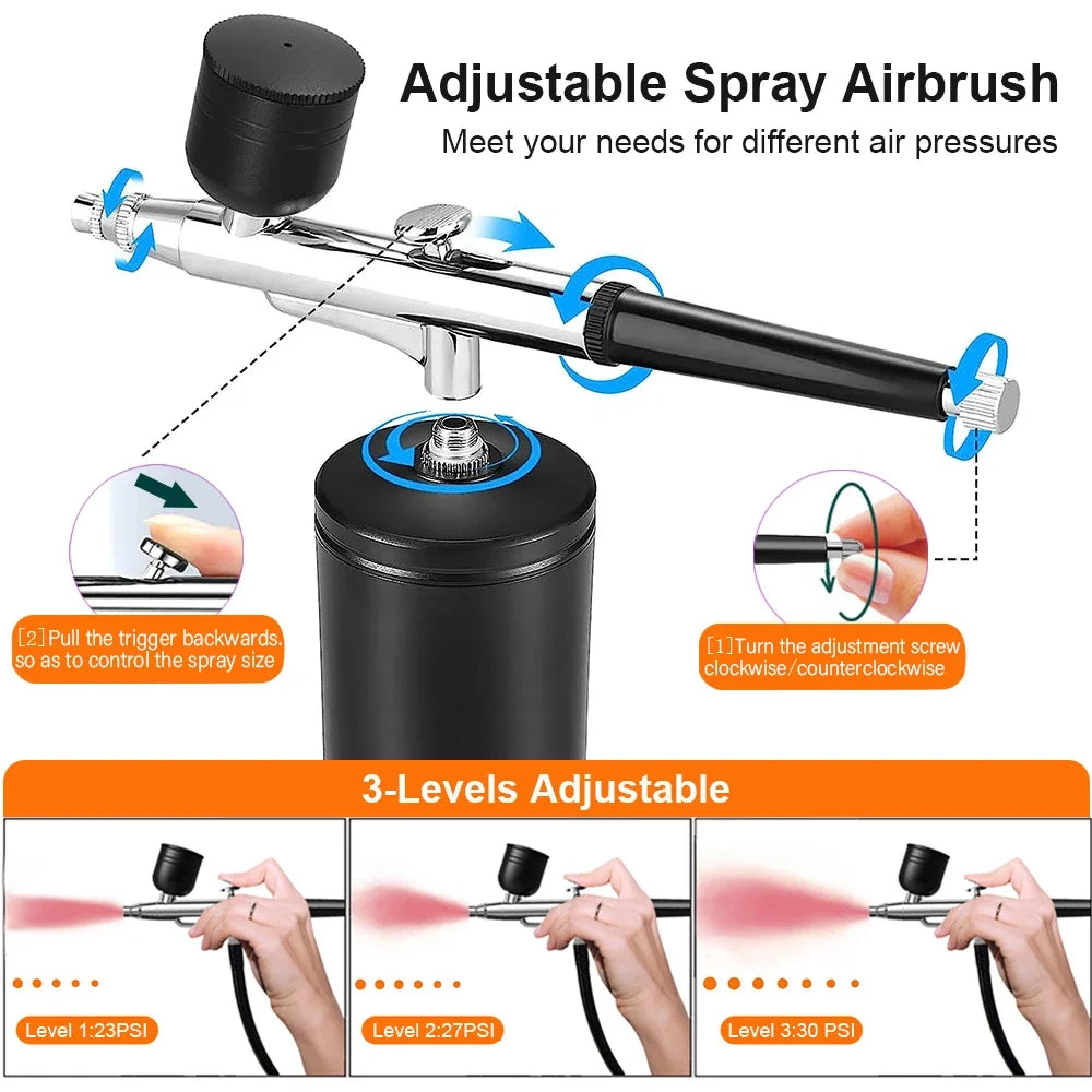 Adjustable spray airbrush kit with three levels of pressure for nail art and craft painting