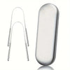 A set of stainless steel tongue scrapers for oral hygiene, shown with the individual pieces and a packaged unit.