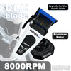 A white Rosyous Pro DLC blade with a blue brush and brushless motor shown next to a hair clipper.