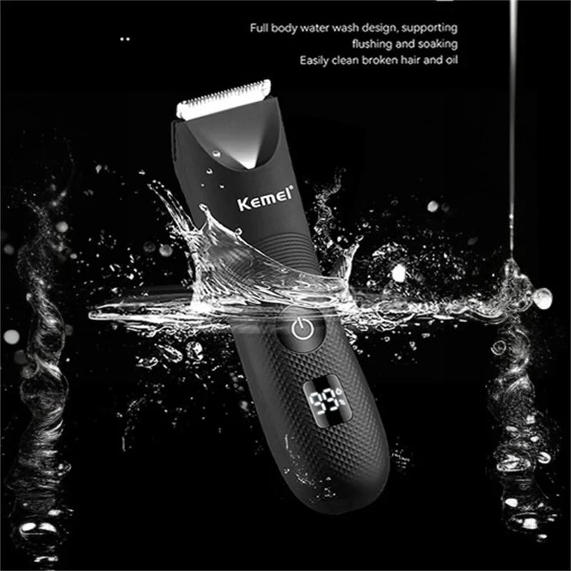 A black Kemel body water wash design hair trimmer is shown with water splashing around it.
