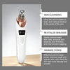 A white facial cleansing device with a metallic tip is shown next to text describing its functions.