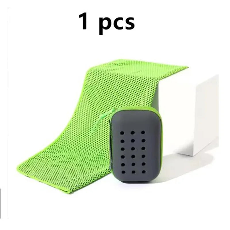 A bright lime green mesh towel with a black carrying case is shown.
