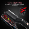 A black electric beard straightener is shown with a red lightning bolt graphic indicating rapid heating.