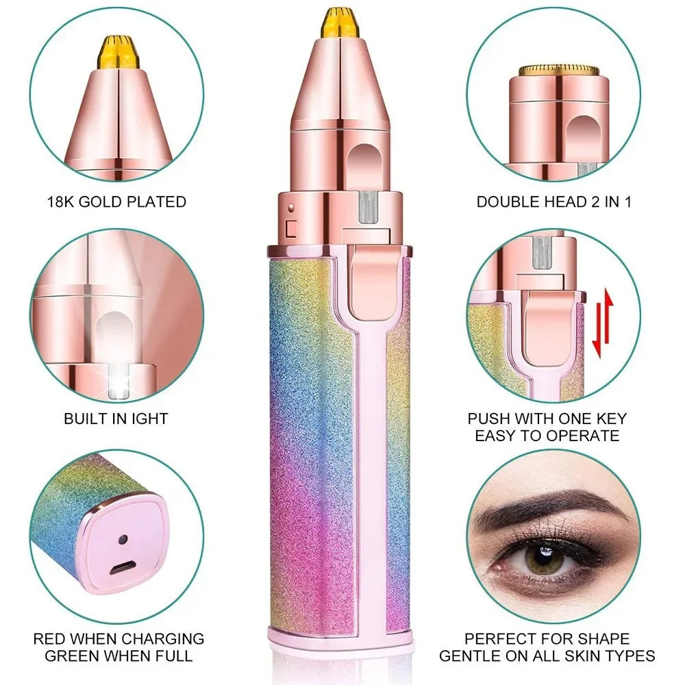 Removedor eléctrico rosa para cejas y vello facial con doble cabezal, visto desde varios ángulos.