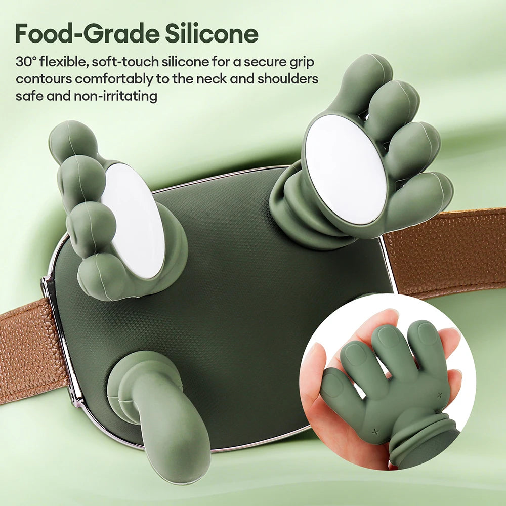 Green silicone massager gloves for neck and shoulder relief shown on a green pad.
