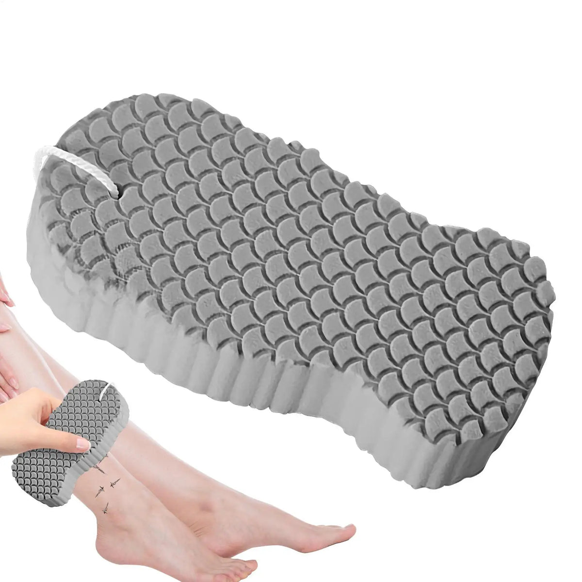 A gray exfoliating bath sponge is shown being used on a person's arm.